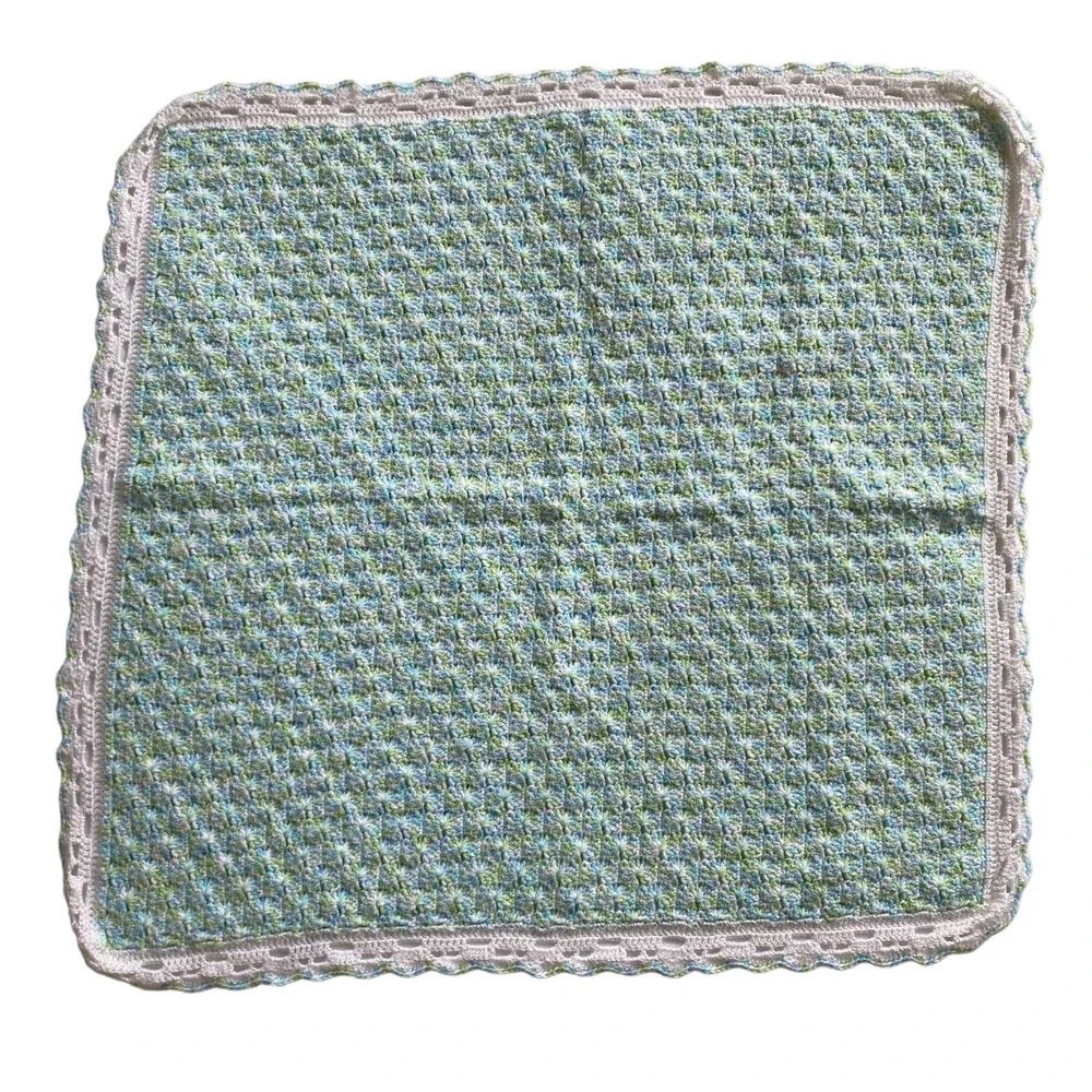 Handmade Knit or Crocheted Baby Blanket Pastel Colors Scalloped Edge